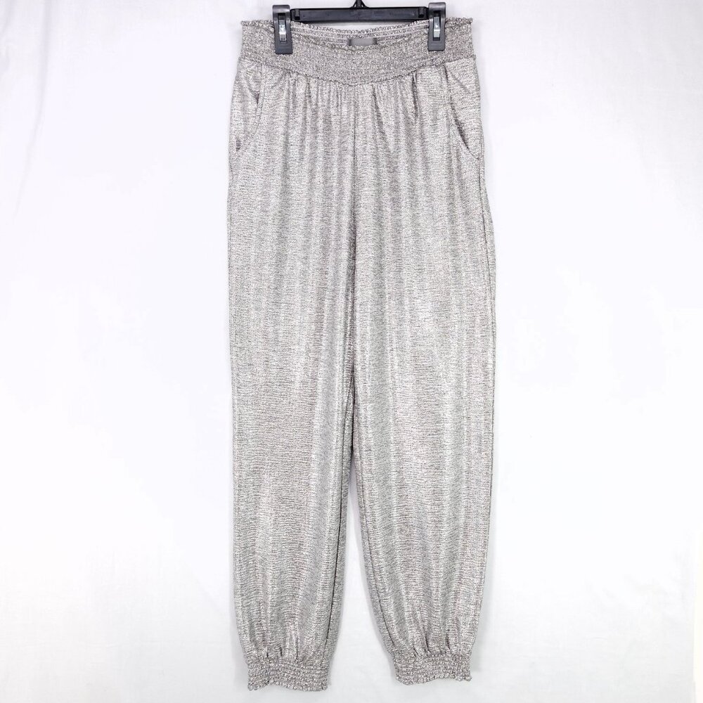Anthropologie Melora Joggers Pants Women Small Petite Metallic Silver Shimmery